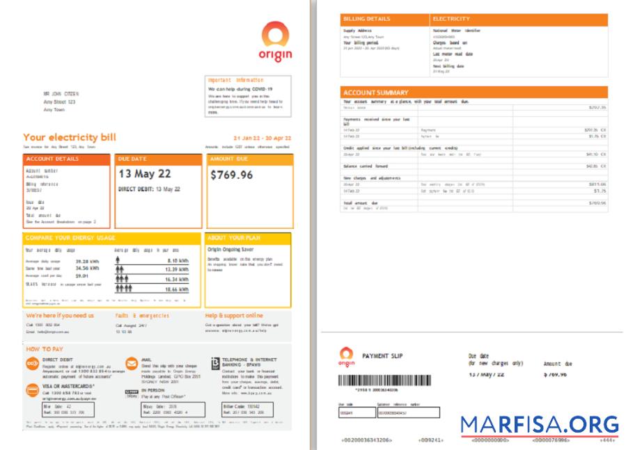 Blank Origin utility bill template, in Word and PDF format, 4 pages